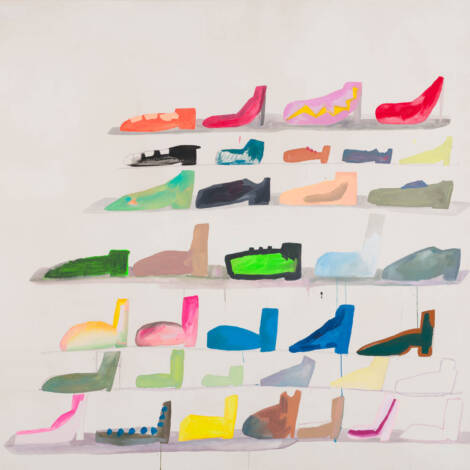 Sereina Steinemann, Schuhladen, 2024, Ölpastell, Öl- und Acrylfarbe auf Baumwolle, 140 × 160, cm, Courtesy of the artist