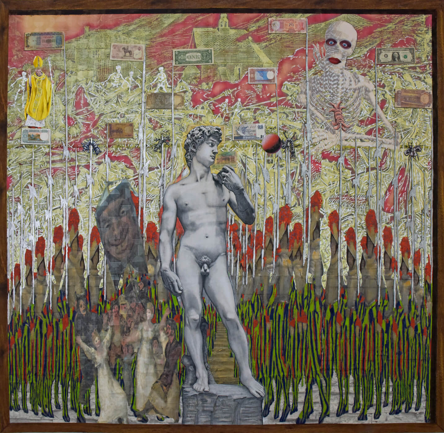 W-H-O Künstlerkollektiv, ohne Titel, Acryl- und Ölfarbe, Werbeplakate, Tapeten, Tapeten-Digitalprints, 177 × 178 cm, 2024