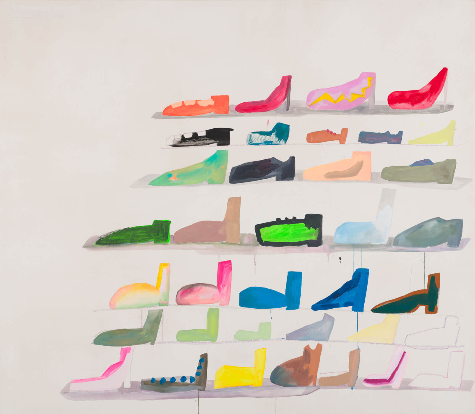 Sereina Steinemann, Schuhladen, 2024, Ölpastell, Öl- und Acrylfarbe auf Baumwolle, 140 × 160, cm, Courtesy of the artist