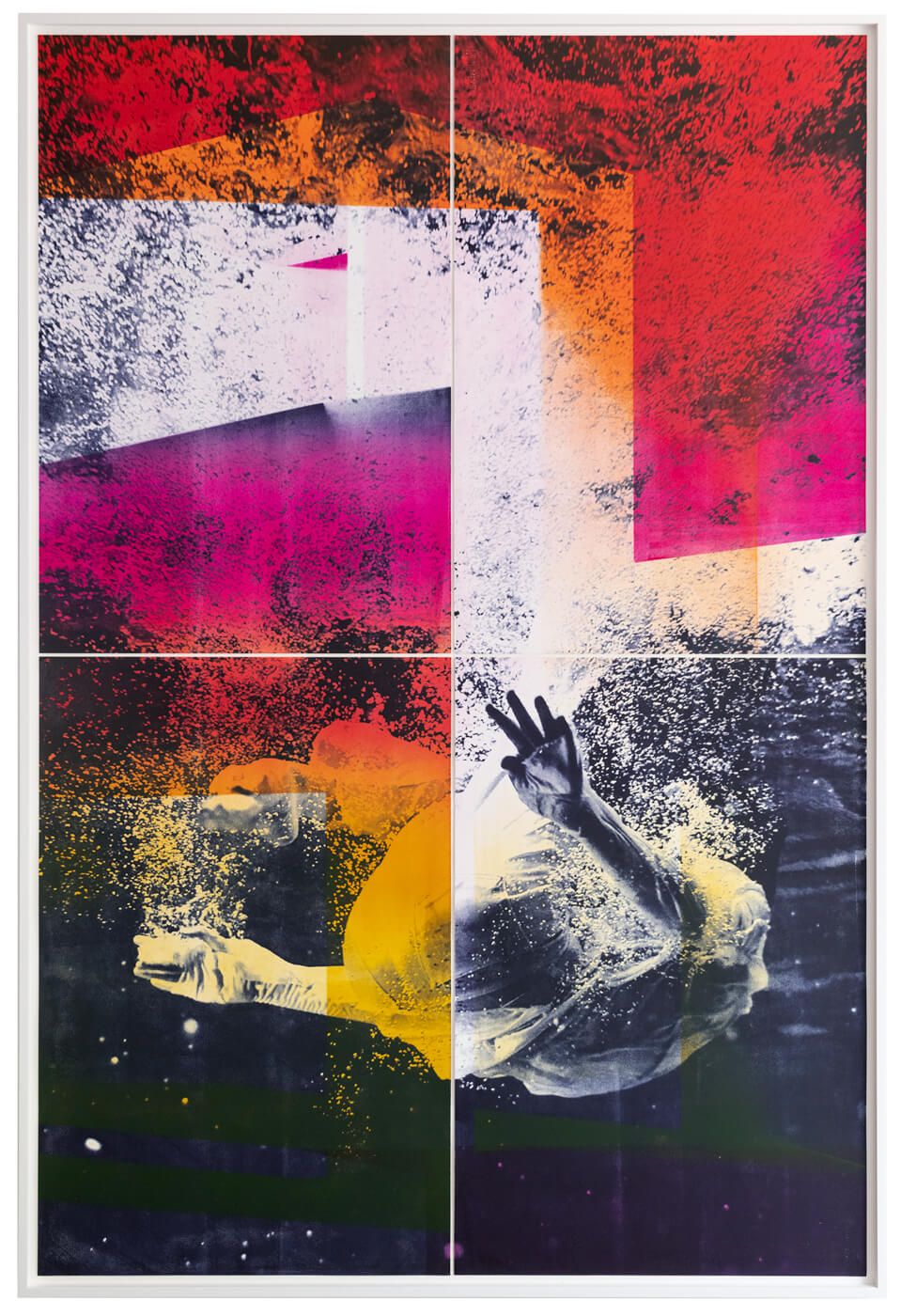 Shirana Shahbazi, Falling_01, 2023, dreifarbige Lithografie auf Baumwollpapier, vier Blätter, 240 × 160 cm, Courtesy of the artist und Galerie Peter Kilchmann, Zürich, Paris